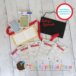 May include: A set of machine embroidery patterns for a pretend play restaurant. The patterns include a black apron with red trim and the text "Today's Specials", a food order pad, a guest check, and five menus for breakfast, lunch, dinner, dessert, and a blank menu.