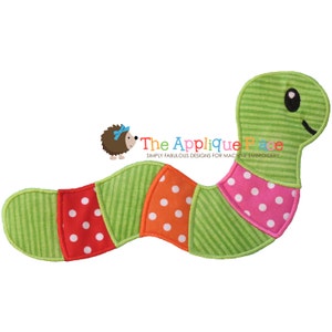 May include: A green, orange, pink, and red patchwork worm with a striped head and black eyes. The worm is made of fabric and has a stitched design.