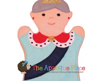 May include: A felt puppet of a queen wearing a blue and red dress, a gold crown, and a sash. The puppet has a pink face with red cheeks and a smile. The puppet is designed for finger puppet play.