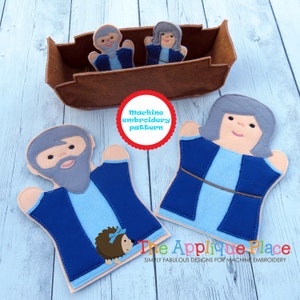 Bible Puppet Embroidery Pattern - Set of 2 Noah and wife Bible Hand & Finger Puppets - ITH Embroidery Designs - with Noah&#39;s Ark Digital File