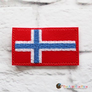 May include: A rectangular red patch featuring the flag of Norway. The flag design includes a blue Nordic cross with white borders, centered on the red background. The patch is likely for machine embroidery.