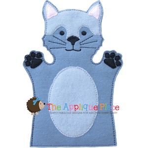 May include: A blue felt hand puppet shaped like a cat with black eyes, a black nose, and black whiskers. The puppet has two black paw prints on its hands.