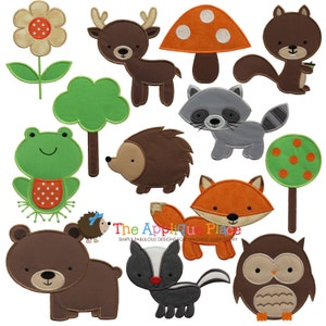 May include: A set of 12 colorful embroidered woodland animal and nature-themed patches. The patches include a deer, a squirrel, a raccoon, a hedgehog, a fox, an owl, a bear, a skunk, a frog, a mushroom, a flower, and a tree.