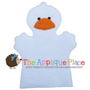 May include: White felt puppet shaped like a duck with an orange beak and black eyes. The puppet is designed for finger play and has a blank space for personalization. The text "The Applique Place" is visible at the bottom of the puppet.