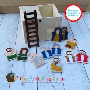May include: A set of felt finger puppets depicting characters from the Bible story of the Good Samaritan. The puppets are designed for use with a machine embroidery pattern. The set includes a small felt house with a ladder.
