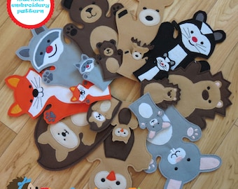 PATTERN Set of 9 Woodland Hand and Finger Puppets In The Hoop ITH Machine Embroidery Digital Design Files - EMBRoiDeRy MaCHiNe PaTTeRN