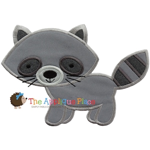 May include: A gray raccoon applique with black eyes and a black and gray striped tail. The applique is designed for machine embroidery.
