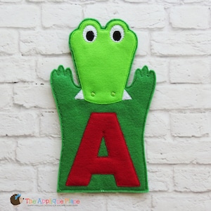 A for Alligator - Hand and Finger Puppet - In The Hoop Machine Embroidery Applique Design - ITH Puppet - Embroidery Machine Puppet Pattern