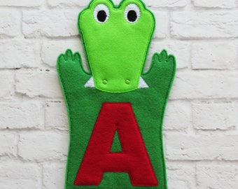 A for Alligator - Hand and Finger Puppet - In The Hoop Machine Embroidery Applique Design - ITH Puppet - Embroidery Machine Puppet Pattern