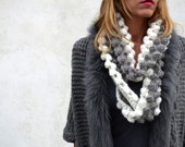 Chunky Infinity Scarf - Hand Crocheted Snood - Textured Winter Cowl - White and Grey - Colour Block - Ready to Ship