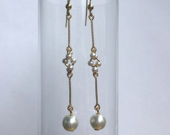 Brass and Faux Pearl Dangle Earrings