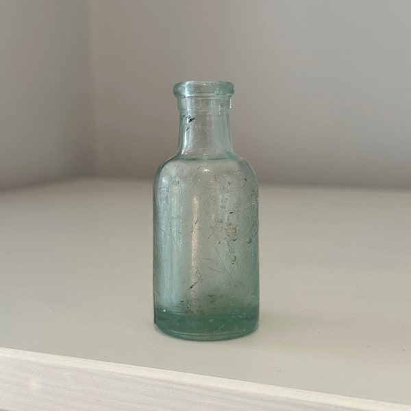 Miniature antique aqua glass bottle tincture apothecary vial - victorian Edwardian medicine