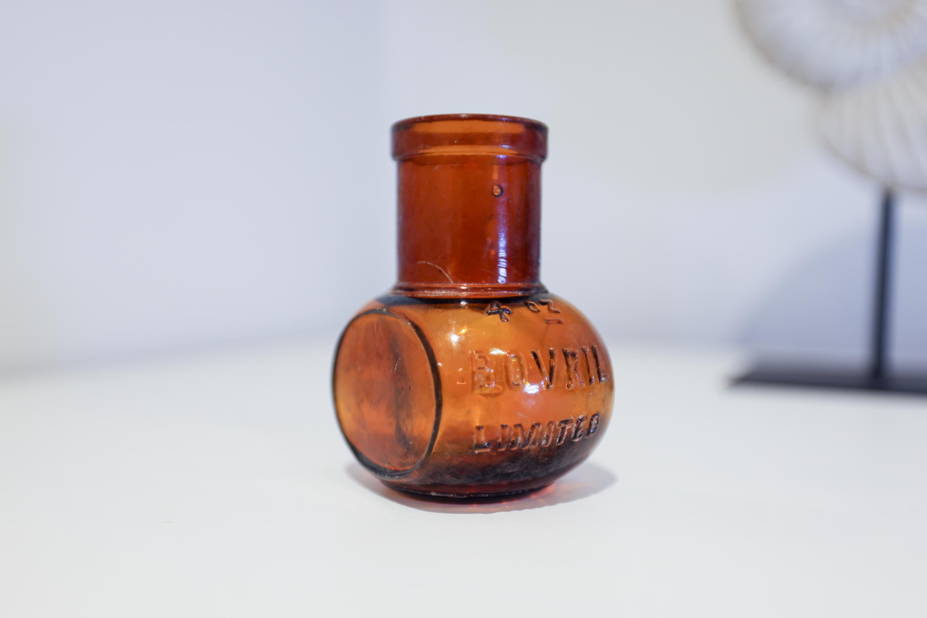 Vintage 4 OZ Bovril Limited Dark Amber Advertising Glass Bottle