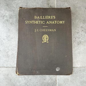 Puede incluir: Un libro antiguo titulado "BAILLIERE'S SYNTHETIC ANATOMY" de J.E. Cheesman. La portada es de color marrón oscuro con letras doradas y un emblema dorado. El libro muestra signos de desgaste.