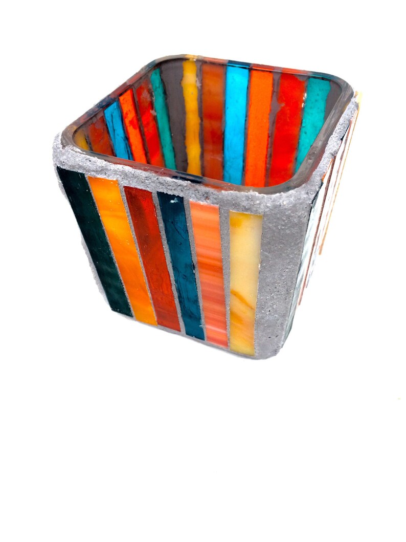 Orange and Teal Mosaic Candle Holder Striped Votive Stained Etsy