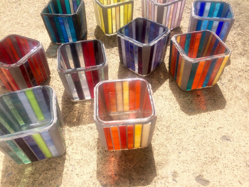 Candle holders square stained glass mosaic votives rainbow Etsy