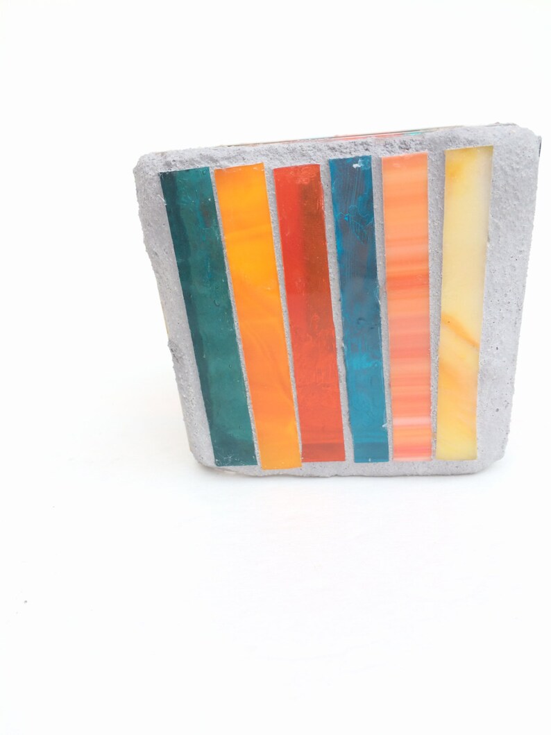 Orange and Teal Mosaic Candle Holder Striped Votive Stained Etsy