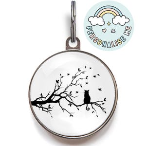Elegante etiqueta para gato - Añade texto en la parte posterior - Etiqueta para gato con observación de aves - Etiquetas de identificación para gatos - Linda etiqueta para mascota con gato en la rama de un árbol - Etiquetas personalizadas para gatitos