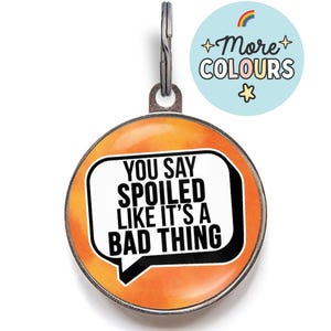 Può includere: Un medaglietta rotonda per animali domestici con sfondo arancione e bianco. La medaglietta presenta il testo "YOU SAY SPOILED LIKE IT'S A BAD THING" in un fumetto. Un cerchio azzurro con "More Colours" e un arcobaleno è in alto a destra.