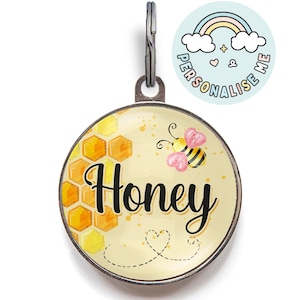 Custom Honey Bee Dog Tag – Yellow Honeycomb Pet ID Tag – Cute Spring Dog Tag for Cats & Dogs – Personalised with Pet Name