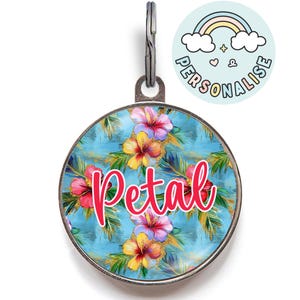 Tropical Flower Dog Tag – Custom Pet Tag with Bright Blue Ocean Background – Personalised Tropical Dog or Cat ID Tag – Floral Summer Style