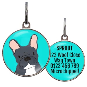 French Bulldog Dog Tag –  6 Colors - Black and White Frenchie – Personalized ID Tag for French Bulldogs – Custom Name Tag – – 2 Sizes