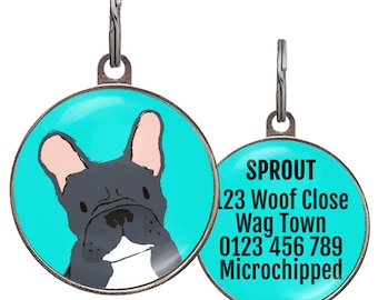 Placa de identificación para bulldog francés (6 colores, blanco y negro) – Placa de identificación personalizada para bulldog francés – Placa con nombre personalizada – 2 tamaños