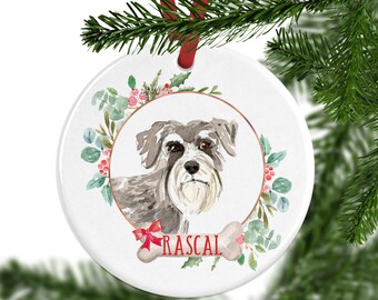 Schnauzer Weihnachtsschmuck - Personalisierte Keramikhundedekoration - Benutzerdefinierte Haustiername-Kugel - Geschenkbox-Baumschmuck für Hundeliebhaber