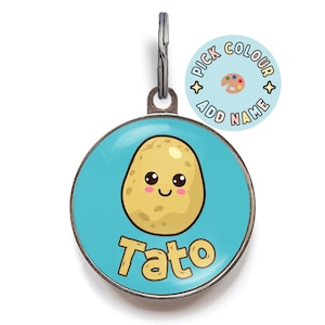 Médaille pour chien avec pomme de terre - Carte d'identité amusante avec tater souriant et nom de l'animal - Médaille tater kawaii pour chiens et chats - Médaille mignonne pour animaux de compagnie