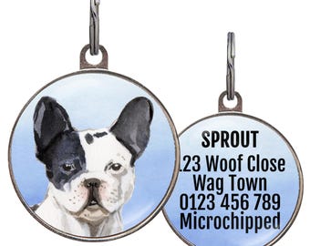 Placa de identificación para bulldog francés (4 colores de fondo, dije de bulldog francés en blanco y negro) - Placa personalizada de doble cara para bulldogs