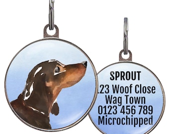 Dachshund Dog ID Tag – 4 Background Colors – Personalized Sausage Dog Tag – Double-Sided Gift for Dachshund Lovers