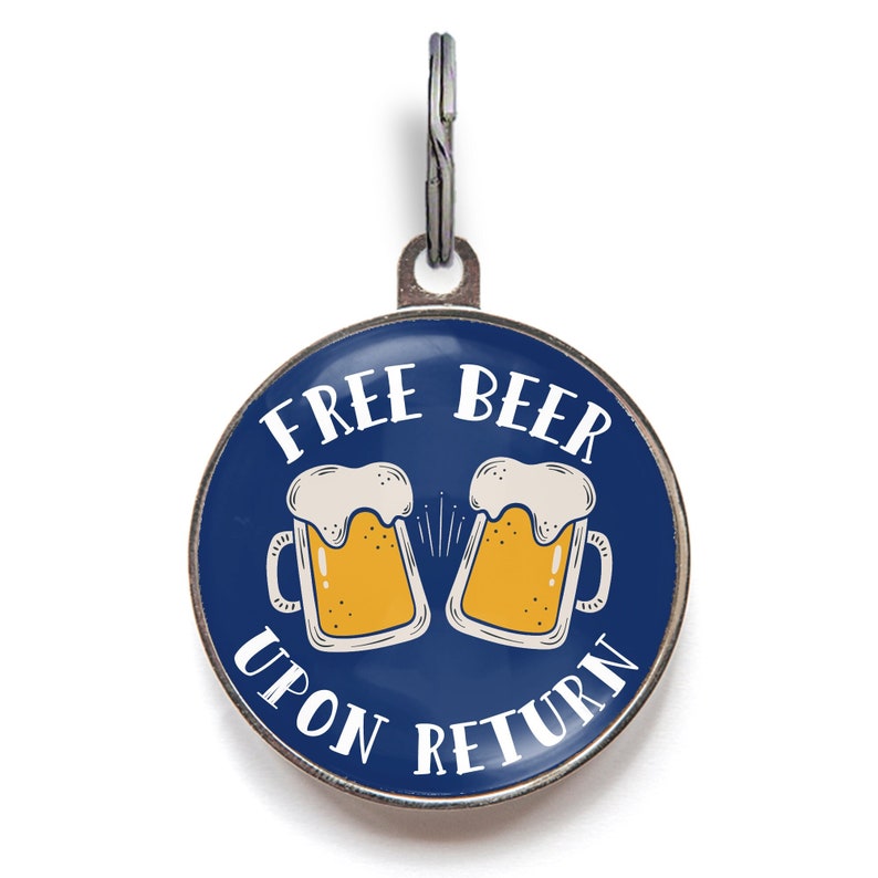 Free Beer Upon Return Pet ID Tag. Available in 36 colour options. Colour shown is navy blue.