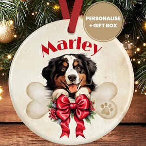 Decorazione natalizia personalizzata a forma di cane da montagna bernese – Ornamento in ceramica per cani – Pallina ricordo personalizzata per gli amanti dei cani
