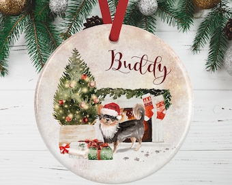 Chihuahua Christmas Ornament – Personalised Tree Decoration – Personalized Ceramic Bauble for Long Haired Chihuahua Lovers Gift Idea