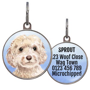 Cockapoo Dog ID Tag – 4 Background Colors – Personalized Cream Cockapoo Name Tag – Double-Sided Custom Gift for Doodle Dog Lovers