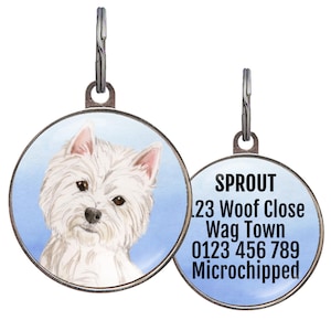 Westie Dog ID Tag – 4 Background Colors – Personalized West Highland White Terrier Pet Tag – Custom Double-Sided Gift for Westie Lovers