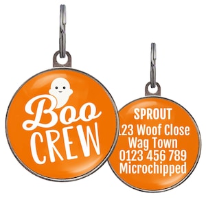 Boo Crew Dog Tag – 6 Colors - Funny Halloween Pet Tag – Ghost Name Tag for Dogs or Cats – Custom Double-Sided ID – Spooky Collar Charm