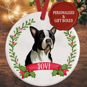 Boston Terrier Christmas Ornament – Personalized Boston Terrier Dog Bauble – Gift Boxed Ceramic Decoration – Holiday Keepsake for Dog Lovers