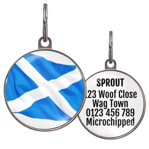 Scottish Dog Tag – Personalized Scotland Flag Pet ID Tag – Custom St Andrew’s Cross Tag – Waterproof Dog Accessory – 2 Sizes