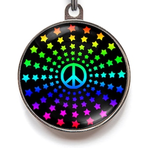 Rainbow Peace Pet ID Tag – Psychedelic Starburst Dog Tag – Personalized Boho Name Tag
