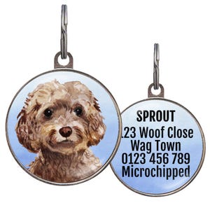 May include: A circular, silver pet tag featuring a watercolour illustration of a brown dog against a light blue backdrop. The reverse side displays the name "SPROUT", address, phone number, and "Microchipped" in black text.