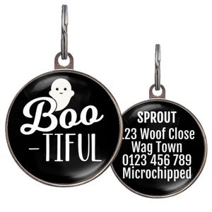 Halloween Dog Tags, BOO-TIFUL Halloween Pet Tag – 6 Colors - Cute Ghost Dog Tag – Custom Name Tag for Dogs or Cats – Double-Sided ID
