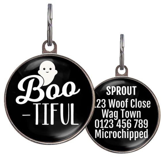 Halloween Dog Tags, BOO-TIFUL Halloween Pet Tag – 6 Colors - Cute Ghost Dog Tag – Custom Name Tag for Dogs or Cats – Double-Sided ID