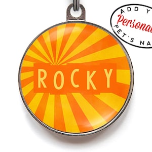 Placa de identificación personalizada con diseño de sol naranja: placa de identificación retro y llamativa para perros y gatos / placa de identificación personalizada para collar
