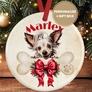 Gepersonaliseerde Chinese kuifhond kerstversiering – keramisch hondenornament cadeau – aangepaste Chinese kuif aandenken kerstbal voor hondenliefhebbers