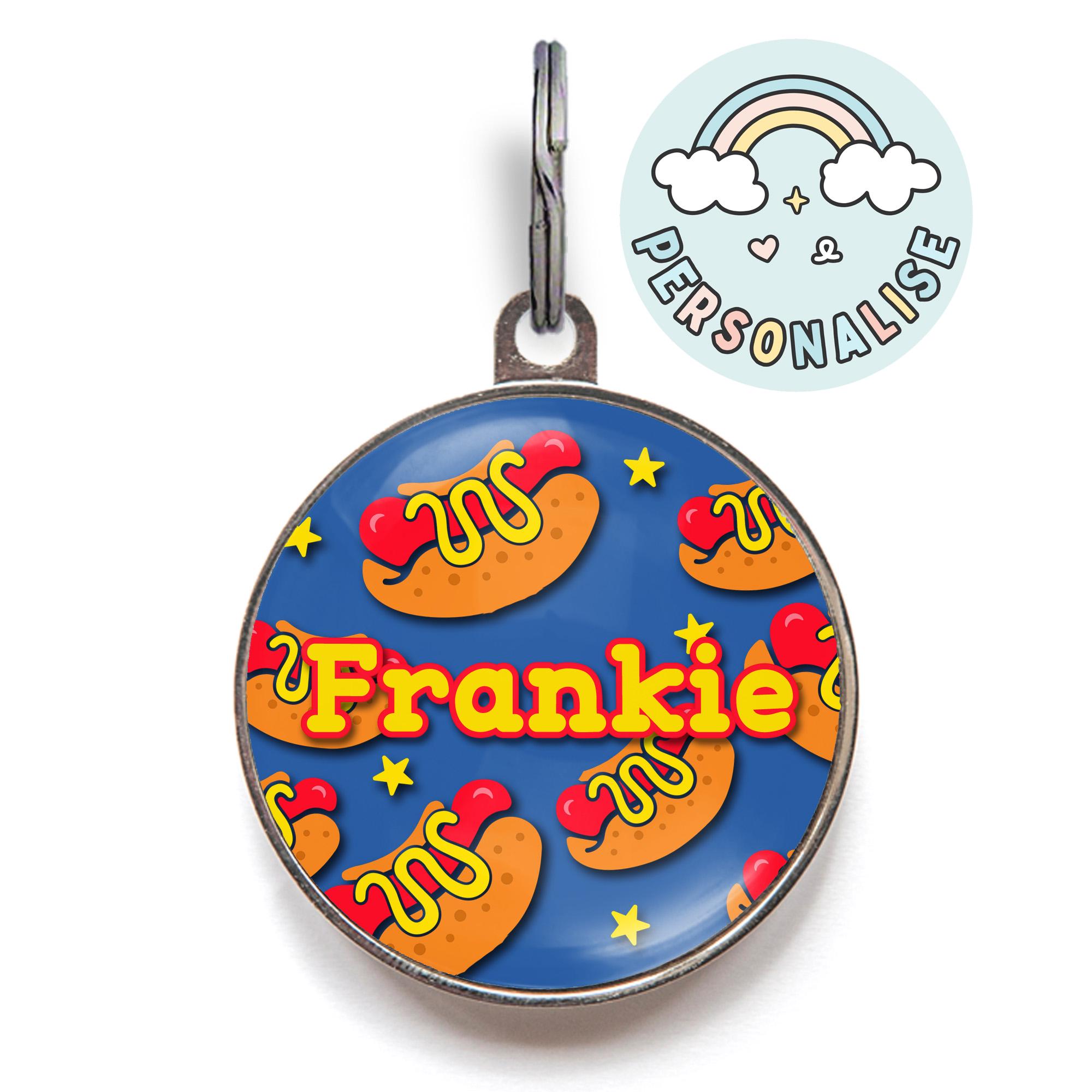 Hot Dog Dog Tag – Fun Sausage Pet ID With Optional Name – Blue