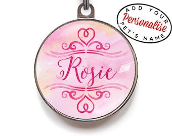 Personalised Pink Heart Dog Tag – Elegant Custom Pet ID Tag for Dogs & Cats | Romantic Name Tag for Collar