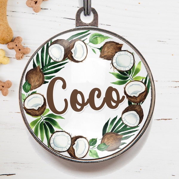 Étiquette pour animaux de compagnie en noix de coco, étiquette pour chien Coco, étiquette nominative pour chien tropical | Médaille personnalisée pour animaux de compagnie