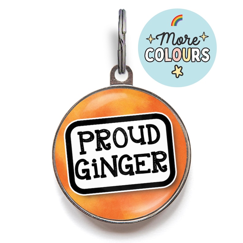 Funny "Proud Ginger" pet tag for cats and dogs, ideal for orange or ginger-coloured pets, custom ID tag with double-sided design.