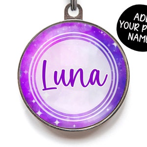 Personalised Galaxy Dog Tag – Custom Purple Starry Pet Name Tag for Dogs & Cats | Cosmic Collar ID Tag